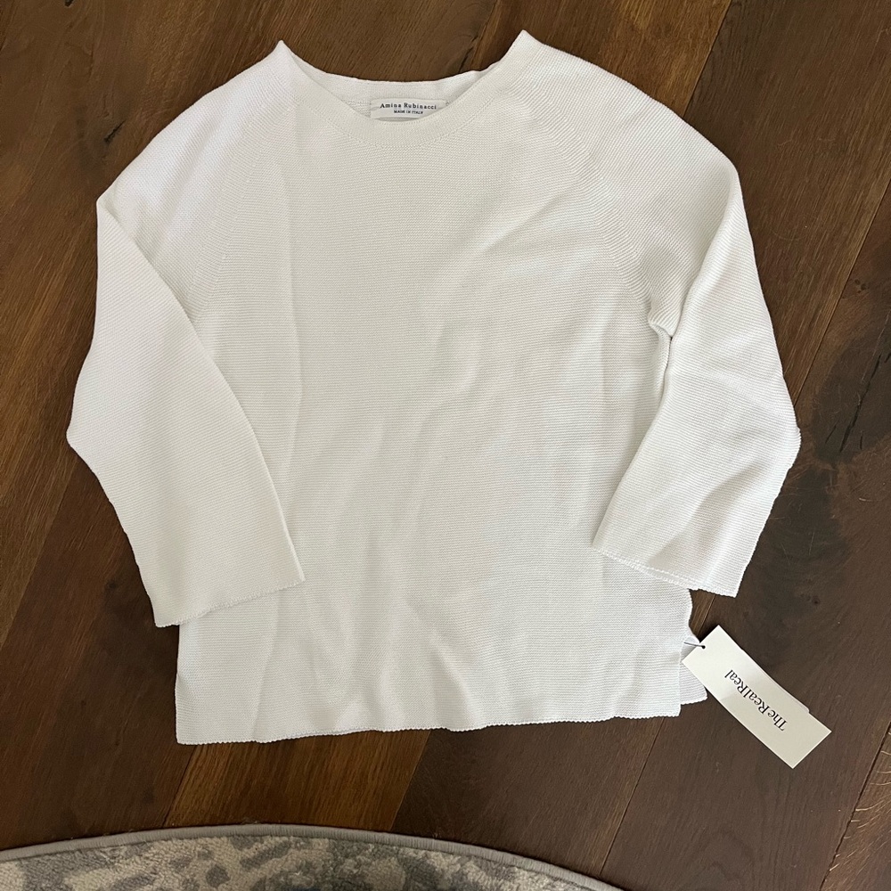 High End White Crew Neck 3/4 Sleeve Cotton Italian Sweater Classic Knit Design